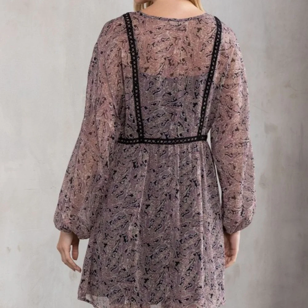 NWT Purple & Black Boho Paisley Print Long Sleeve Dress With Tassels - Picture 8 of 8